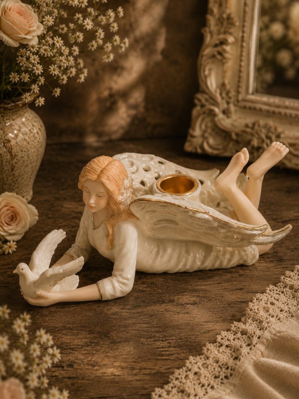 Vintage Porcelain Ariana Fairy Angel Votive Candle Holder With a Detailed Dove